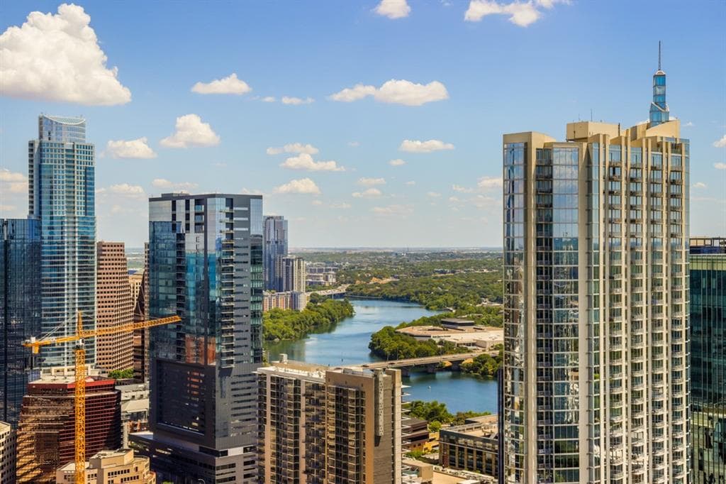 Downtown Austin skyline and Lady Bird Lake near Fifth & West