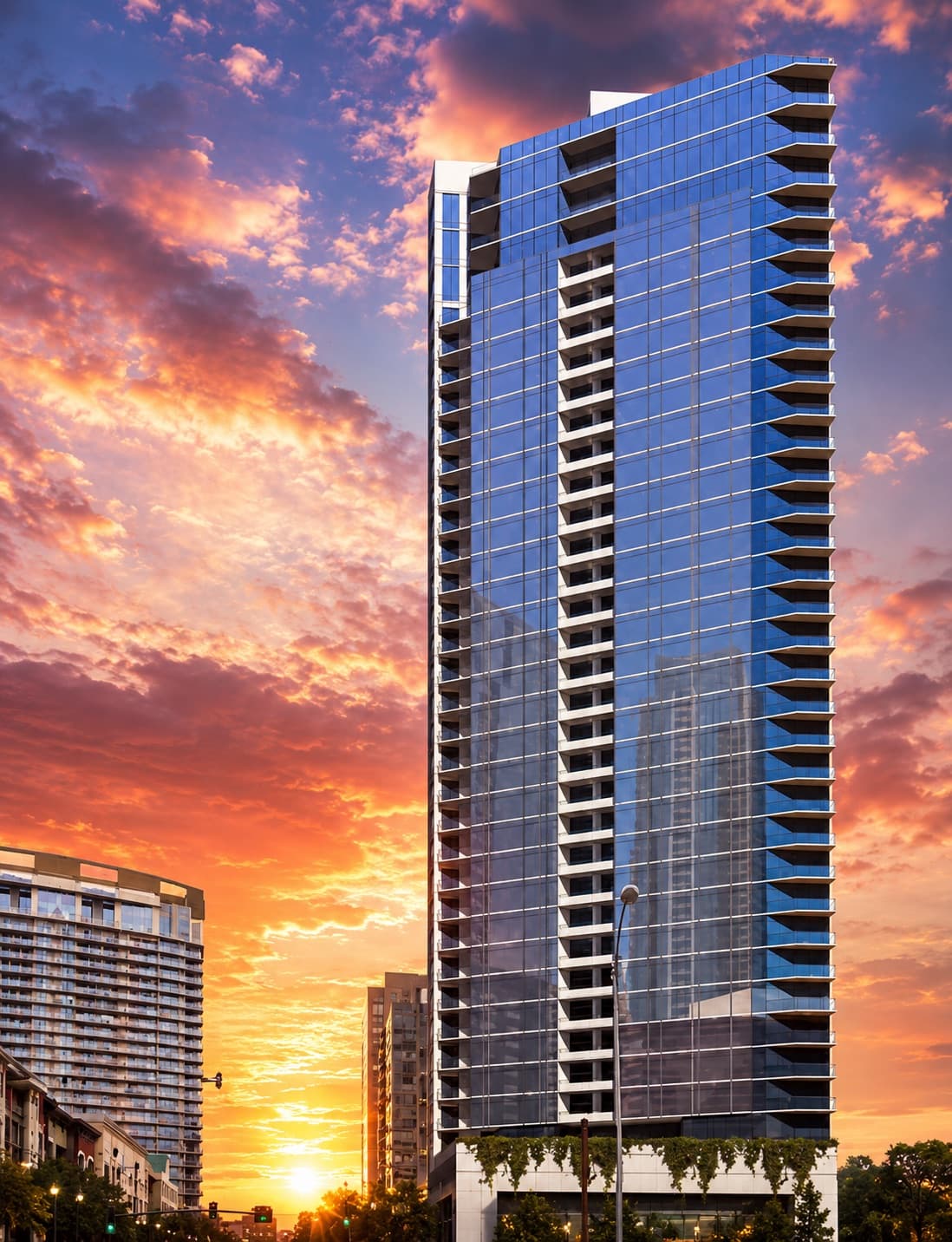 The Fifth & West Residences tower against a downtown Austin sunset