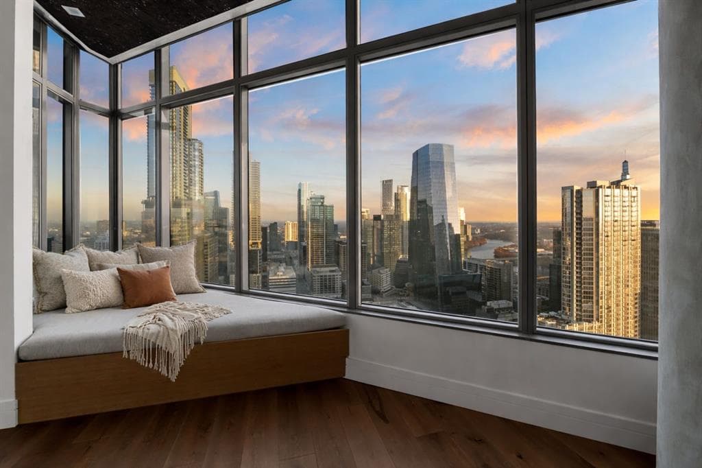 Dusk skyline view from a window seat in a Fifth & West residence in downtown Austin